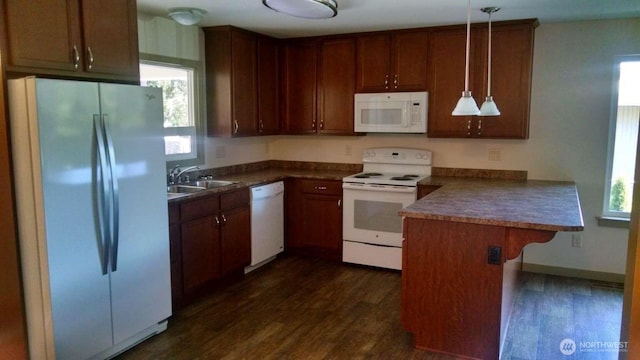 kitchen with a sink, a peninsula, white appliances, dark wood-style floors, and dark countertops