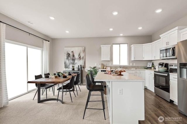kitchen featuring light countertops, stainless steel appliances, and recessed lighting