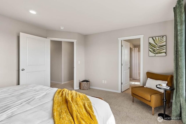 bedroom with recessed lighting, baseboards, and carpet floors