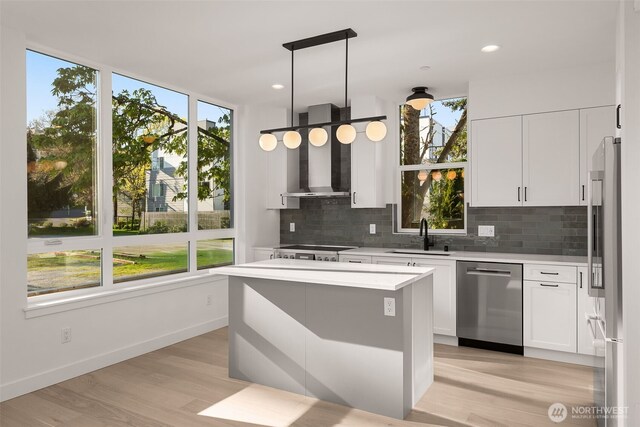 1625B 21st Ave, Seattle, WA 98122 - kitchen featuring appliances with stainless steel finishes, a sink, wall chimney range hood, backsplash, and healthy amount of natural light