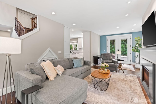 856 Hilltop Ave, Kent, WA 98031 - living room featuring french doors, recessed lighting, wood finished floors, and baseboards