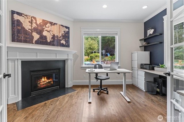 856 Hilltop Ave, Kent, WA 98031 - office area featuring ornamental molding, a fireplace with flush hearth, wood finished floors, recessed lighting, and baseboards
