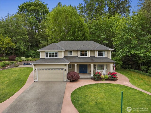 856 Hilltop Ave, Kent, WA 98031 - view of front facade with asphalt driveway, an attached garage, a front lawn, a porch, and roof with shingles