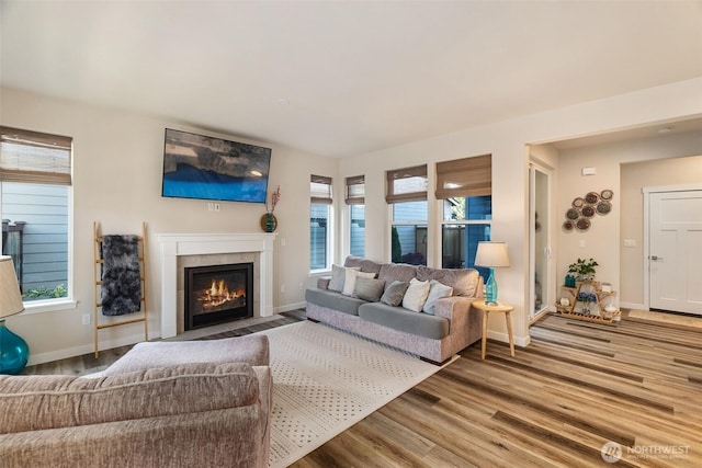 3215 64th Ln SW, Olympia, WA 98512 - living area featuring baseboards, a tile fireplace, a healthy amount of sunlight, and wood finished floors