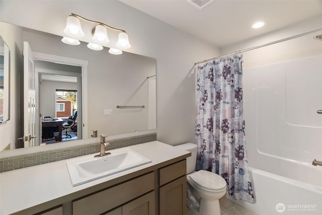 3215 64th Ln SW, Olympia, WA 98512 - bathroom with toilet, shower / tub combo with curtain, visible vents, tile patterned flooring, and vanity