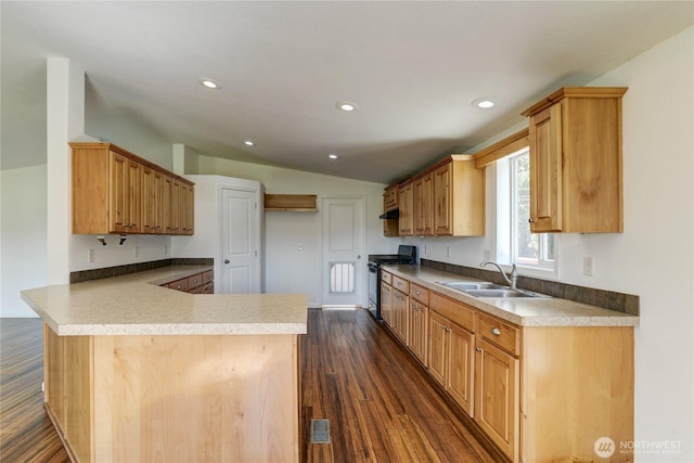 kitchen featuring a sink, black range with gas cooktop, lofted ceiling, a peninsula, and dark wood-type flooring