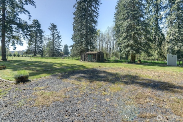 view of yard featuring an outbuilding and a storage unit