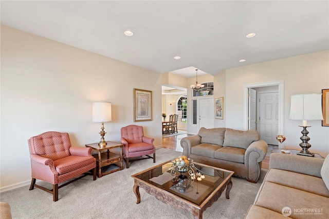 1552 Huntwood Ln, East Wenatchee, WA 98802 - carpeted living area with recessed lighting, baseboards, and a chandelier