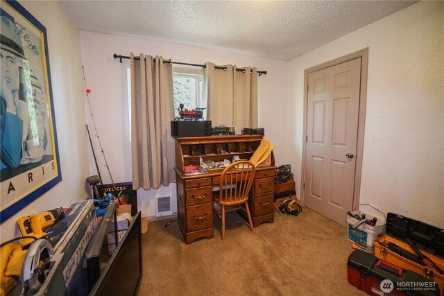 office area featuring carpet and a textured ceiling