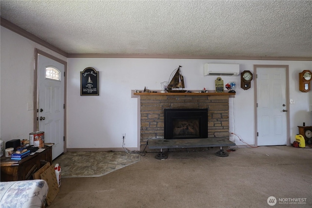 living area featuring carpet, an AC wall unit, a fireplace, a textured ceiling, and crown molding