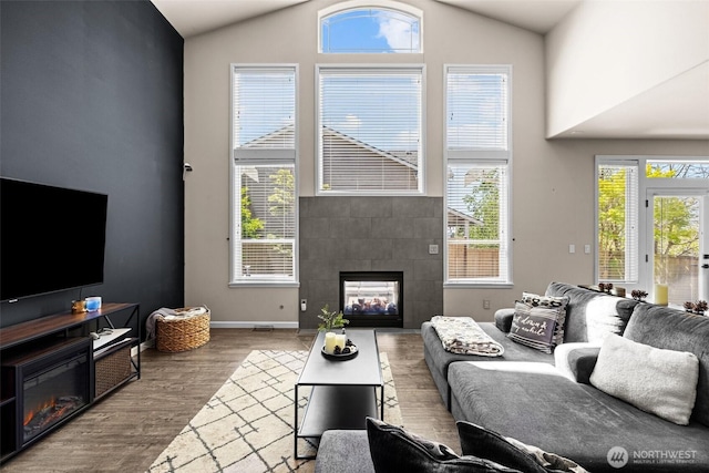 4002 33rd St NE, Tacoma, WA 98422 - living area with a multi sided fireplace, wood finished floors, high vaulted ceiling, and baseboards