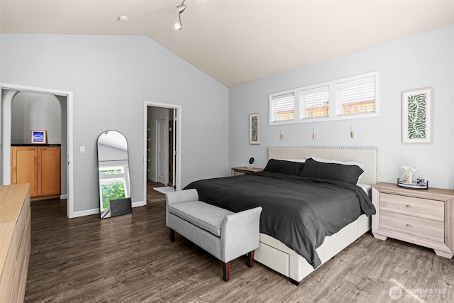 4002 33rd St NE, Tacoma, WA 98422 - bedroom featuring lofted ceiling, dark wood-style floors, and baseboards