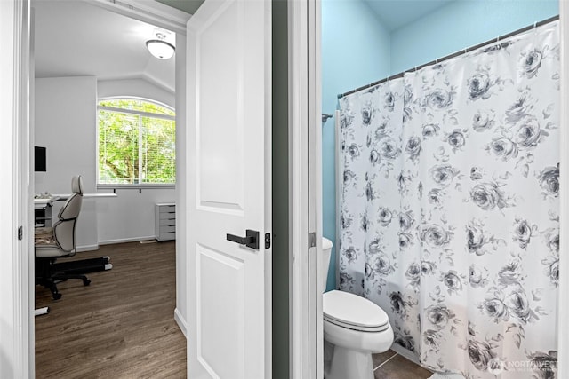 4002 33rd St NE, Tacoma, WA 98422 - bathroom with lofted ceiling, toilet, wood finished floors, and baseboards