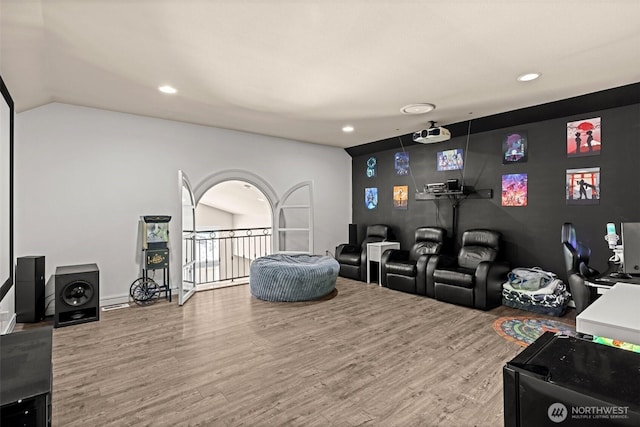 4002 33rd St NE, Tacoma, WA 98422 - home theater room with wood finished floors, recessed lighting, and lofted ceiling