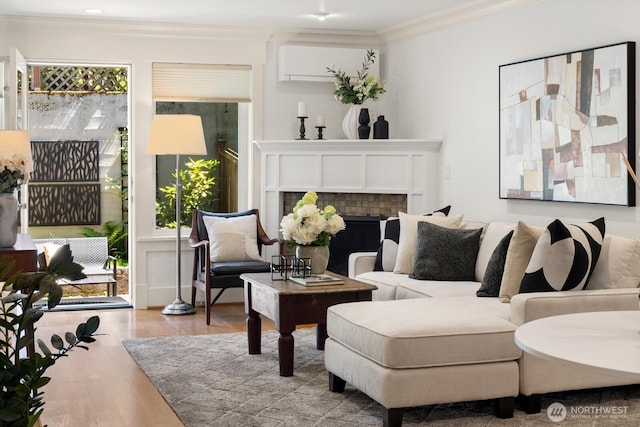 living room featuring crown molding, wood finished floors, and a fireplace