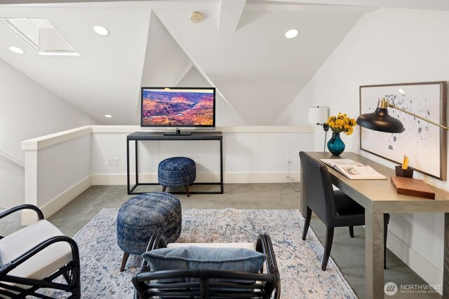 home office with baseboards, recessed lighting, and vaulted ceiling