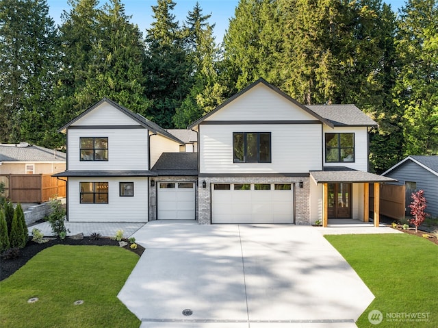 10604 NE 137th Pl, Kirkland, WA 98034 - modern farmhouse featuring concrete driveway, french doors, a garage, roof with shingles, and brick siding