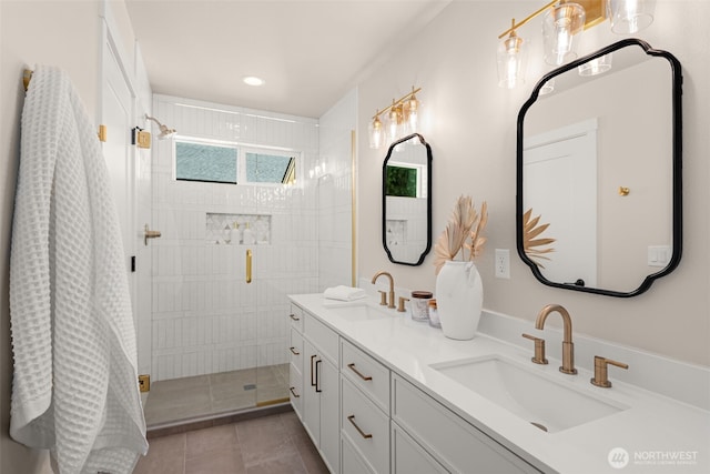 10604 NE 137th Pl, Kirkland, WA 98034 - bathroom with double vanity, a tile shower, recessed lighting, and tile patterned floors