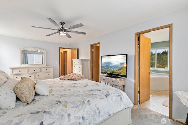 17915 69th Avenue Ct E, Puyallup, WA 98375 - bedroom with light carpet, ceiling fan, and ensuite bath