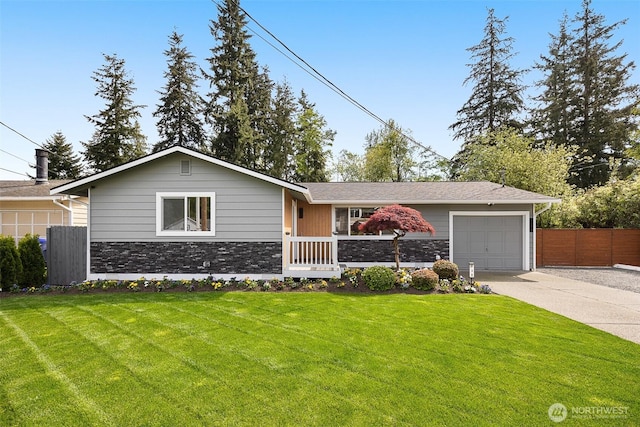 ranch-style home featuring an attached garage, stone siding, and driveway