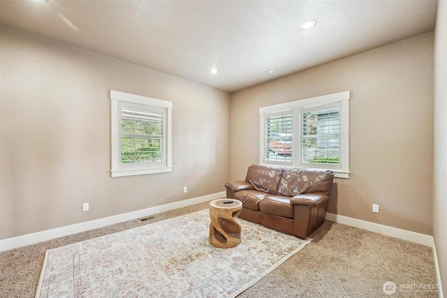 1005 Cavalero Rd, Camano Island, WA 98282 - living room featuring carpet flooring, visible vents, baseboards, and a healthy amount of sunlight