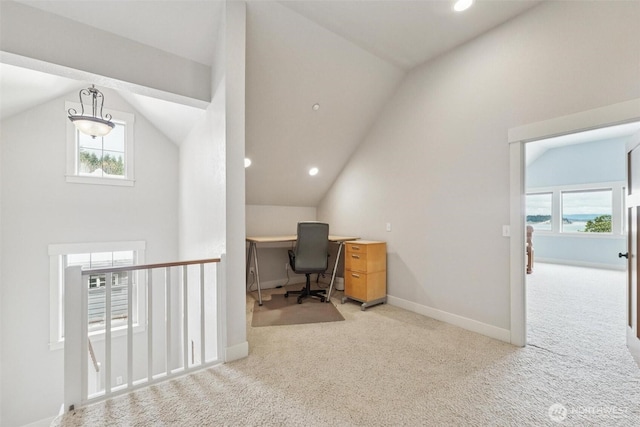 1005 Cavalero Rd, Camano Island, WA 98282 - carpeted home office with vaulted ceiling, baseboards, and recessed lighting