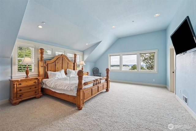 1005 Cavalero Rd, Camano Island, WA 98282 - carpeted bedroom featuring vaulted ceiling, baseboards, visible vents, and recessed lighting