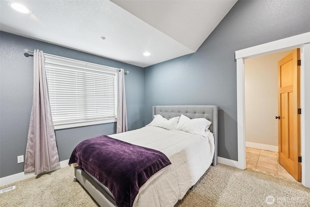 1005 Cavalero Rd, Camano Island, WA 98282 - carpeted bedroom featuring vaulted ceiling, visible vents, baseboards, and recessed lighting