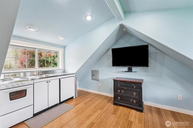 1005 Cavalero Rd, Camano Island, WA 98282 - interior space with a sink, lofted ceiling with beams, baseboards, and light wood-style floors