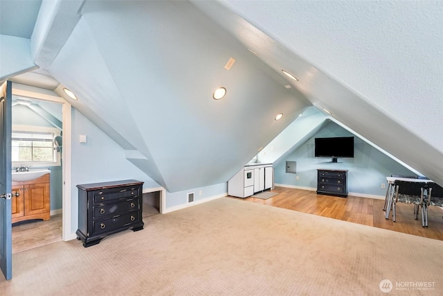 1005 Cavalero Rd, Camano Island, WA 98282 - bonus room with a sink, visible vents, carpet floors, and vaulted ceiling