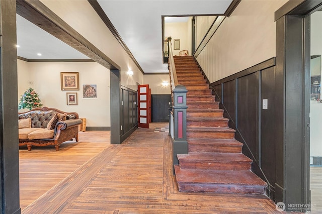 640 N Elm St, Colville, WA 99114 - stairs with crown molding, hardwood / wood-style flooring, baseboards, and recessed lighting