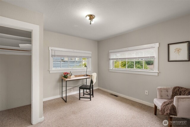carpeted home office featuring baseboards