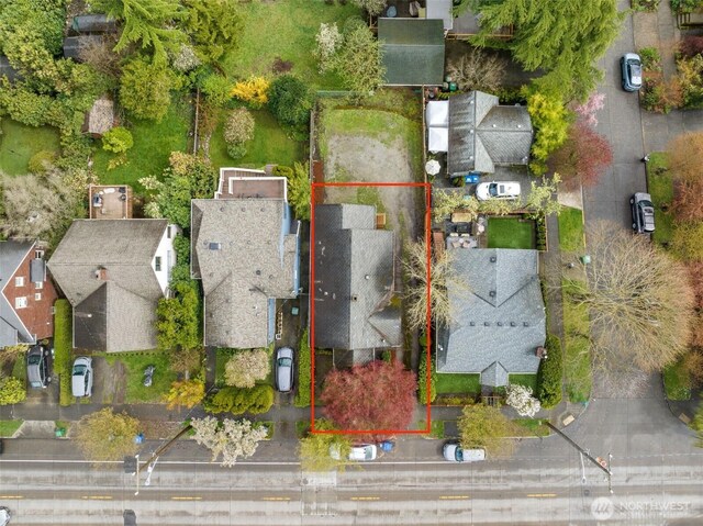 aerial perspective of suburban area with property boundaries highlighted