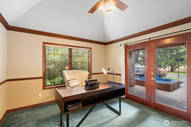 7117 NE 176th Ave, Vancouver, WA 98682 - carpeted office featuring vaulted ceiling, french doors, a textured ceiling, and a ceiling fan