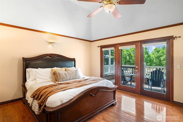 7117 NE 176th Ave, Vancouver, WA 98682 - bedroom featuring access to exterior, wood finished floors, ceiling fan, and high vaulted ceiling