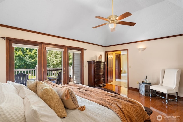 7117 NE 176th Ave, Vancouver, WA 98682 - bedroom featuring vaulted ceiling, access to exterior, multiple windows, hardwood / wood-style floors, and a ceiling fan