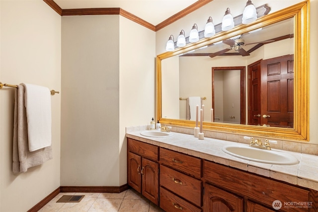 7117 NE 176th Ave, Vancouver, WA 98682 - full bath featuring a ceiling fan, double vanity, ornamental molding, and tile patterned floors