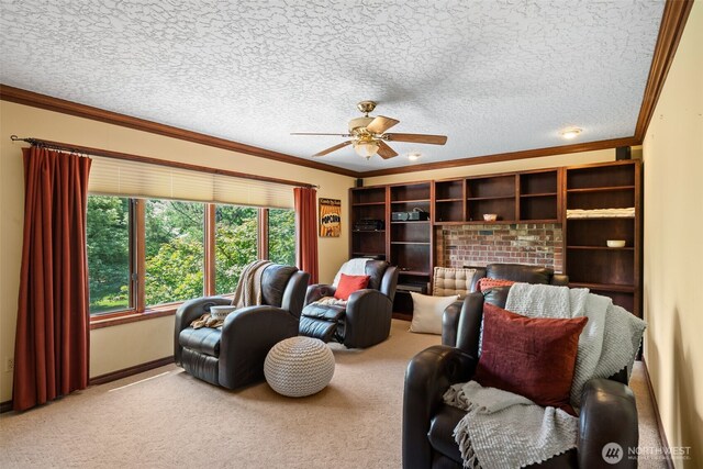 7117 NE 176th Ave, Vancouver, WA 98682 - living area with crown molding, a ceiling fan, plenty of natural light, carpet, and a textured ceiling