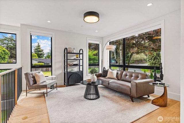 8458 NE 9th St, Medina, WA 98039 - living area featuring light wood-style floors, recessed lighting, and baseboards