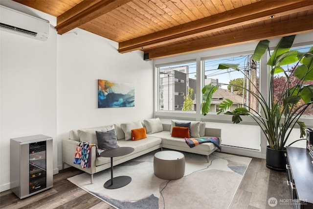 sunroom / solarium featuring a wall mounted air conditioner, beam ceiling, and wine cooler