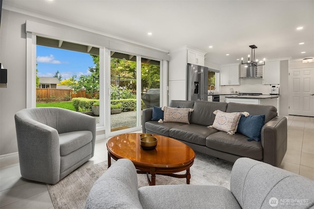living room featuring light tile patterned floors, a chandelier, and recessed lighting