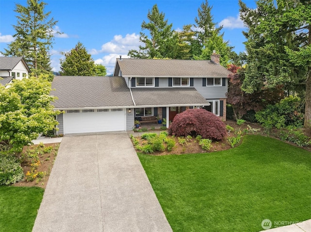 traditional-style house with an attached garage, concrete driveway, a front yard, and a chimney