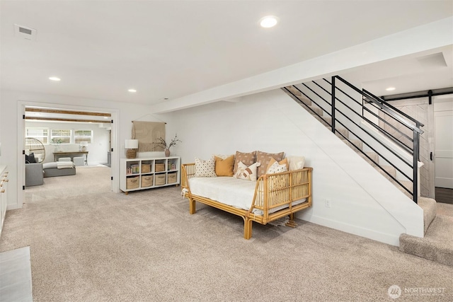 carpeted living room featuring stairway, recessed lighting, and baseboards