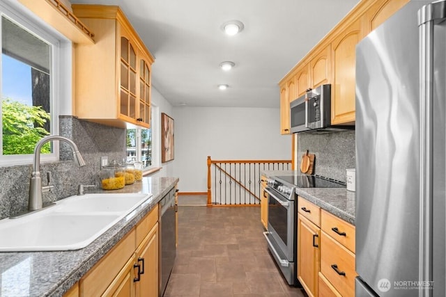 kitchen with a sink, backsplash, plenty of natural light, glass insert cabinets, and appliances with stainless steel finishes