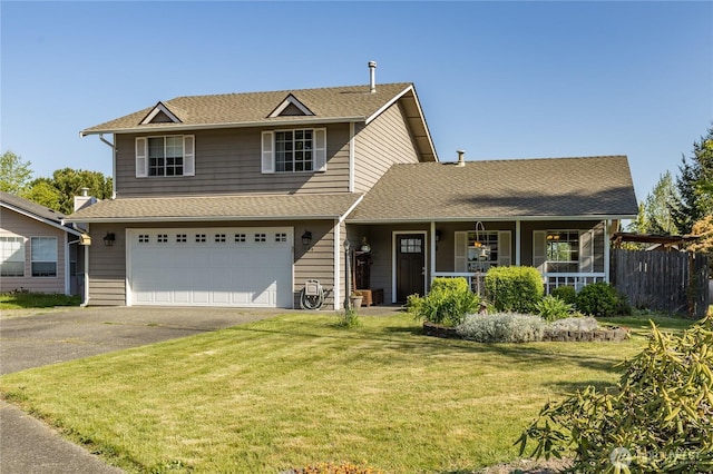 traditional-style house featuring driveway, an attached garage, covered porch, and a shingled roof