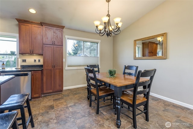 dining room featuring a chandelier, plenty of natural light, baseboards, lofted ceiling, and recessed lighting