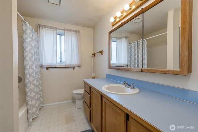 full bathroom with tile patterned floors, vanity, toilet, baseboards, and shower / bathtub combination with curtain
