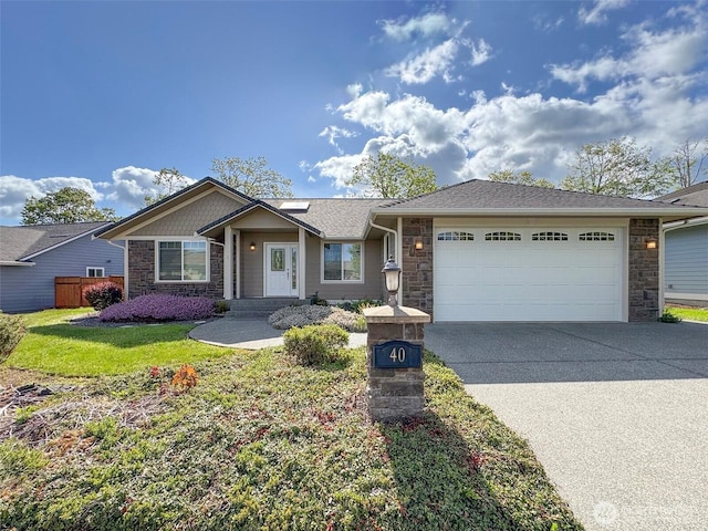 ranch-style house with stone siding, a garage, and driveway