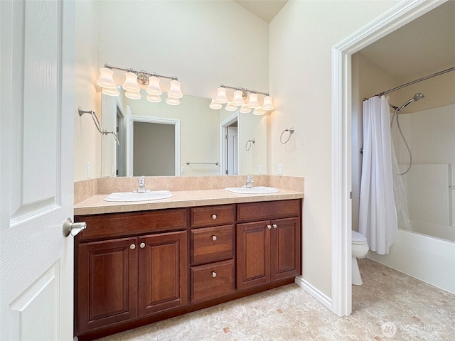 full bathroom with toilet, double vanity, shower / bath combo, and tile patterned flooring