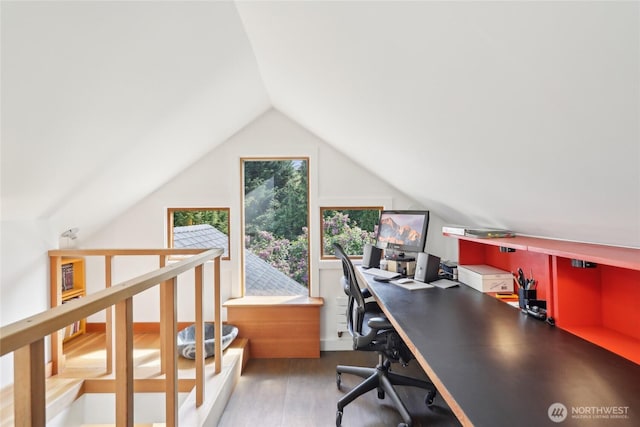 office featuring wood finished floors and lofted ceiling